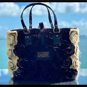 VALENTINO Large Cream/Black Silk Organza Rosier Tote Bag // PRE-OWNED LIKE NEW